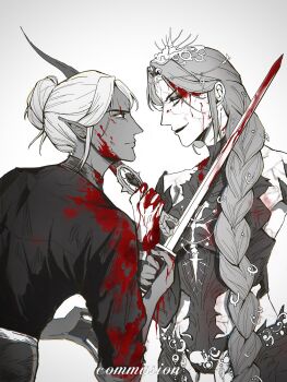 Rule 34 | 2girls, baldur's gate, baldur's gate 3, blood, blood on clothes, blood on face, crutch c, dagger, dungeons & dragons, dungeons &amp; dragons, eye contact, highres, holding, holding sword, holding weapon, knife, looking at another, minthara, multiple girls, orin the red, sword, upper body, weapon, white background