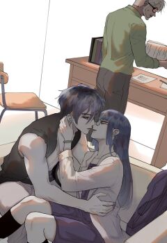 1girl 2boys beard bespectacled black_hair black_socks black_vest blonde_hair blunt_bangs boruto:_two_blue_vortex bracelet chair coat couch desk dress eyebrow_piercing face_piercing facial_hair glasses hair_down hetero ifevilwhyuhot imminent_kiss jewelry kakei_sumire kawaki_(boruto) long_hair medium_dress multicolored_hair multiple_boys naruto_(series) orange-tinted_eyewear paper piercing purple_dress sanzu_amado sitting socks tinted_eyewear two-tone_hair undercut vest white_coat white_hair