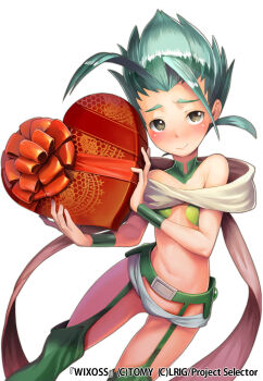1girl bikini box breasts candy chocolate chocolate_heart closed_mouth food green_bikini green_eyes green_hair green_shorts green_theme heart heart-shaped_box heart-shaped_food highres holding holding_chocolate holding_food kousaku looking_at_viewer medium_hair midoriko_(wixoss) official_art short_shorts shorts small_breasts smile solo spiked_hair swimsuit white_background wixoss