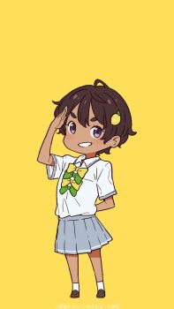Rule 34 | 1girl, ahoge, arm behind back, blush, bow, bowtie, brown shoes, chibi, chibi only, collared shirt, commentary request, dark-skinned female, dark skin, food-themed hair ornament, green bow, green bowtie, grey skirt, grin, hair ornament, highres, imigimuru, lemon hair ornament, looking at viewer, make heroine ga oo sugiru!, official art, official wallpaper, pleated skirt, purple eyes, salute, school uniform, second-party source, shirt, shoes, short hair, simple background, skirt, smile, socks, solo, striped clothes, striped skirt, tan, teeth, tsuwabuki high school uniform, white shirt, white socks, yakishio lemon, yellow background, yellow bow, yellow bowtie