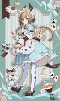 1girl 1other absurdres alice&#039;s_adventures_in_wonderland alice_(alice_in_wonderland) alice_(alice_in_wonderland)_(cosplay) alternate_costume animal apron black_shoes blue_dress blue_eyes bow breasts brown_hair cake card cat chocolate cookie cosplay cuffs cup diamond_(shape) diamond_print dress flower food fork frilled_dress frills fruit full_body genshin_impact headdress highres holding holding_fork issign long_hair looking_at_viewer mary_janes playing_card puffy_sleeves rabbit sandrone_(genshin_impact) shoes short_sleeves small_breasts spoon standing strawberry striped_clothes sugar_cube teacup thighhighs tongs vertical-striped_clothes white_headdress white_thighhighs white_wrist_cuffs winding_key wrist_cuffs