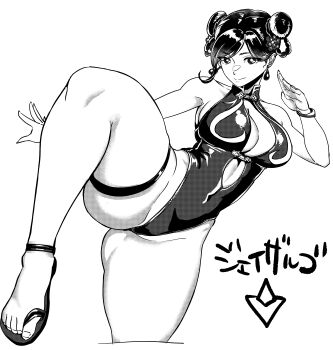 1girl absurdres alternate_costume ass bracelet breasts capcom chun-li cleavage cleavage_cutout clothing_cutout curvy double_bun earrings fighting_stance hair_bun highleg highleg_one-piece_swimsuit highres huge_ass jewelry jzargosexperime large_breasts looking_at_viewer monochrome official_alternate_costume one-piece_swimsuit sandals smile solo standing standing_on_one_leg street_fighter street_fighter_6 swimsuit thigh_strap thong_one-piece_swimsuit wide_hips
