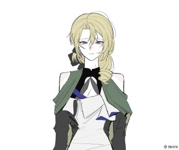 1girl artist_name bare_shoulders black_bow black_dress blonde_hair bow breasts cape closed_mouth cocolia_rand commentary_request dress earrings empty_eyes green_cape haegu7o hair_bow highres honkai:_star_rail honkai_(series) jewelry korean_commentary large_breasts long_hair long_sleeves looking_at_viewer off-shoulder_dress off_shoulder pink_lips purple_eyes simple_background single_drill single_earring smile solo two-tone_dress upper_body white_background white_dress