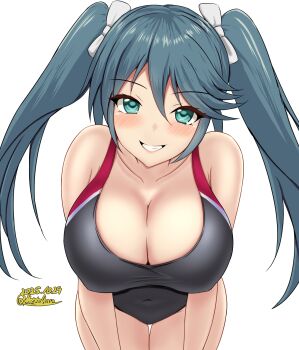 1girl black_one-piece_swimsuit blue_eyes blue_hair blush breasts cleavage competition_swimsuit covered_navel dated hair_ribbon highres huge_breasts isuzu_(kancolle) kantai_collection large_breasts long_hair looking_at_viewer montemasa one-piece_swimsuit ribbon smile solo swimsuit twintails twitter_username two-tone_swimsuit white_background