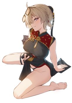 13901365 1girl absurdres ahoge arm_support bare_legs barefoot black_dress black_panties blonde_hair blush breasts china_dress chinese_clothes clothes_lift dress dress_lift eyewear_on_head glasses highleg highleg_panties highres kneeling large_breasts lifting_own_clothes looking_at_viewer panties purple_eyes sitting smile solo sweety_(zenless_zone_zero) thick_thighs thigh_strap thighs underwear wariza white_background zenless_zone_zero