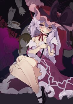 1girl :p bare_arms bare_legs bell_orgel black_bow black_shoes blush bow button_eyes buttons commentary cup doll_joints dress empty_eyes english_commentary full_body grey_hair hair_between_eyes hat hat_bow highres joints large_bow living_doll_(monster_girl_encyclopedia) long_hair looking_at_viewer mannequin mary_janes monster_girl_encyclopedia monster_girl_encyclopedia_ii neck_ribbon purple_eyes red_ribbon ribbon shoes smile socks solo stuffed_animal stuffed_toy teacup teddy_bear tongue tongue_out undressing white_socks