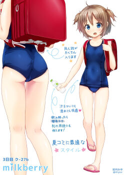 1girl artist_name ass backpack bag blue_eyes bottle brown_hair chart circle_name feet female_focus from_behind kisaragi_miyu kneepits loli multiple_views old_school_swimsuit one-piece_swimsuit original randoseru sandals school_swimsuit short_hair simple_background swimsuit toes translated twitter_username two_side_up water_bottle white_background