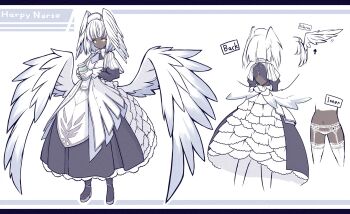 Rule 34 | 1girl, black boots, black dress, boots, brown eyes, character name, closed mouth, commentary request, cropped legs, dark-skinned female, dark skin, dress, expressionless, eyebrows hidden by hair, flat chest, from behind, full body, garter belt, harpy, hat, head wings, highres, hisui (syarute), holding, holding jar, jar, lingerie, looking at viewer, low wings, maid, medium hair, monster girl, multiple views, navel, original, reference sheet, stomach, two-tone dress, underwear, white dress, white hair, white hat, wings