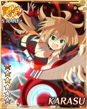 1girl :d auta_magetta border breasts bridal_gauntlets brown_hair card_(medium) character_name cleavage electric_guitar english_text flame_print game_cg green_eyes guitar holding holding_guitar holding_instrument instrument jewelry karasu_(senran_kagura) large_breasts long_hair necklace official_art open_mouth senran_kagura senran_kagura_new_wave smile solo thrusters