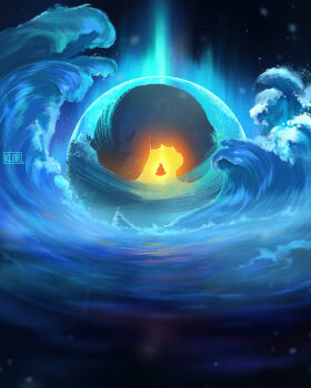 1boy aang animal appa aurora avatar:_the_last_airbender avatar_legends commentary crossed_legs english_commentary facing_viewer glowing ice kloir night ocean painterly scenery sky star_(sky) starry_sky water waves yellow_light