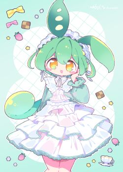 Rule 34 | 1girl, absurdres, animal ears, bow, checkerboard cookie, collared shirt, commentary, cookie, cowboy shot, cup, flower, food, fruit, green hair, green jacket, hairband, hand on own cheek, hand on own face, highres, jacket, layered skirt, lolita hairband, nekomo (yumenkmc), open clothes, open jacket, open mouth, petticoat, pink bow, shirt, short hair, skirt, smile, solo, strawberry, symbol-only commentary, tail, tareme, teacup, voicevox, white flower, white shirt, white skirt, yellow bow, yellow eyes, zundamon