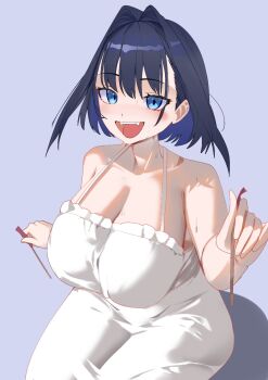 1girl :d bare_arms bare_shoulders black_hair blue_eyes blue_hair blush breasts cleavage collarbone colored_inner_hair commentary daaku_(koizumi_arata) dress english_commentary fangs grey_background highres hololive hololive_english huge_breasts multicolored_hair open_mouth ouro_kronii short_hair simple_background sleeveless sleeveless_dress smile solo two-tone_hair virtual_youtuber white_dress