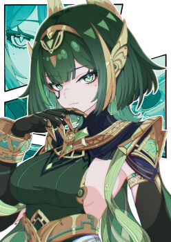 1girl absurdres ancient_egyptian_clothes black_gloves bracelet breasts claw_ring ear_covers elbow_gloves facial_mark finger_to_own_chin gem genshin_impact gloves green_eyes green_gemstone green_hair hair_ornament hairband highres jewelry large_breasts looking_at_viewer mole mole_under_eye nefer_(genshin_impact) ruogong_qingyue short_hair sideboob solo upper_body