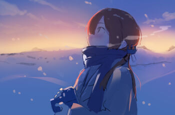 Rule 34 | 1girl, alternate costume, anchor hair ornament, bad id, blue scarf, blush, brown hair, camera, cloud, cloudy sky, commentary request, from side, gloves, grey jacket, hair ornament, holding, holding camera, jacket, kantai collection, kokosando, long hair, long sleeves, looking up, outdoors, prinz eugen (kancolle), profile, scarf, sketch, sky, snow, snowing, solo, sunrise, upper body, white gloves