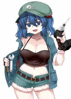 1girl belt black_belt black_tank_top blue_eyes blue_hair blue_shorts breasts cleavage coat_stash collarbone commentary_request contrapposto cowboy_shot drill flat_cap green_hat hair_bobbles hair_ornament hat jacket kawashiro_nitori large_breasts long_sleeves midriff navel open_clothes open_jacket screwdriver shorts simple_background sleeves_rolled_up solo spaghetti_strap stomach tank_top tools touhou two_side_up white_background wrench zetsumame