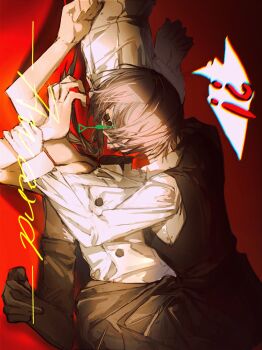 !? chainsaw_man chef_hat dress earrings english_text falling_devil_(chainsaw_man) fami_(chainsaw_man) grabbing_another&#039;s_arm hat highres jewelry pinafore_dress red_background sitting sitting_on_lap sitting_on_person sleeveless sleeveless_dress famine_devil_(chainsaw_man) yijiao_wuran yuri