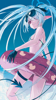 1girl bikini black_bikini black_gloves blue_archive blue_halo breasts commentary_request cowboy_shot dark-skinned_female dark_skin demon_tail duck_innertube eironeus eyewear_on_head from_below gloves grey_hair hair_over_one_eye halo highres innertube iori_(blue_archive) iori_(swimsuit)_(blue_archive) long_hair looking_to_the_side official_alternate_costume pointy_ears red_eyes small_breasts solo sunglasses swim_ring swimsuit tail thigh_strap twintails wet