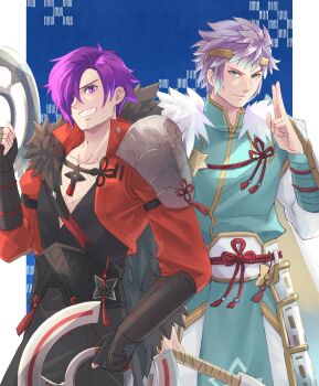 2boys blue_eyes fire_emblem fire_emblem_heroes highres hrid_(fire_emblem) hrid_(frigid_ninja)_(fire_emblem) japanese_clothes male_focus male_shez_(fire_emblem) male_shez_(ninja_mercenary)_(fire_emblem) multiple_boys ninja nintendo official_alternate_costume purple_eyes purple_hair riou_(pooh920)