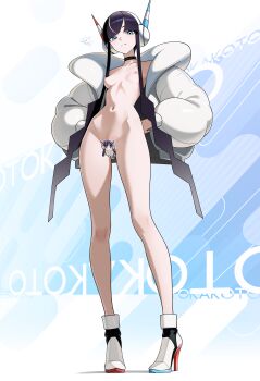 1girl absurdres black_choker black_hair blue_eyes bottomless breasts censored character_censor choker coat elesa_(pokemon) full_body hands_on_own_hips headphones high_heels highres hip_bones jacket long_sidelocks navel nintendo novelty_censor otokakoto pokemon pokemon_bw2 puffy_coat sidelocks small_breasts solo standing stomach thighs very_long_sidelocks white_jacket