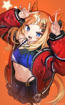 1girl animal_ears black_skirt blue_eyes blue_sports_bra blush breasts commentary_request double_v espoir_city_(red_devil_gear)_(umamusume) espoir_city_(umamusume) gold_buckle hair_ornament highres horse_ears horse_girl horse_tail jacket long_hair looking_at_viewer midriff multicolored_hair multicolored_nails navel nerutora open_mouth orange_hair panty_straps red_jacket revision skirt small_breasts smile solo sports_bra star_(symbol) tail teeth umamusume v