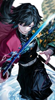 Rule 34 | 1boy, absurdres, belt, black hair, black hakama, black jacket, blue eyes, closed mouth, cowboy shot, demon slayer uniform, gold buttons, hair between eyes, hakama, haori, highres, holding, holding sword, holding weapon, hrak mumi, jacket, japanese clothes, kimetsu no yaiba, long hair, low ponytail, male focus, ponytail, solo, spiked hair, sword, tomioka giyuu, twitter username, water, weapon, white belt