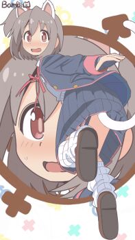 1boy animal_ears bambi2000line black_jacket black_skirt blush brown_eyes brown_shoes cat_ears cat_tail commentary crossdressing crossdressing_(mtf) from_behind full_body hair_between_eyes highres jacket leaning_forward long_hair looking_at_viewer looking_back loose_socks male-female_symbol male_focus neck_ribbon onii-chan_wa_oshimai! open_clothes open_jacket open_mouth pleated_skirt red_ribbon ribbon school_uniform senkawa_minato shoes short_hair shota side_ponytail simple_background skirt socks solo tail trap wavy_mouth white_socks yotsuba_university_affiliated_junior_high_school_uniform