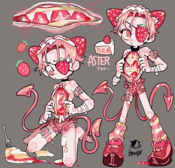 1boy :/ amatou_akuma arm_strap artist_name bandaged_arm bandaged_wrist bandaged_wrists bandages bandaid bandaid_on_leg bandaid_on_thigh bare_shoulders barefoot belt belt_buckle bisected body_horror buckle cake cake_slice character_name choker closed_mouth collar contrapposto cream demon_boy demon_tail dessert english_text eyepatch food food-themed_eyewear food-themed_horns fork frills fruit full_body grey_background guro hands_up highres holding holding_skin horns kneeling looking_at_viewer looking_down male_focus micro_shorts multicolored_eyes multicolored_socks multiple_tails multiple_views object_on_head one_eye_covered original parted_bangs pastry pink_arm_strap pink_belt pink_eyes pink_frills pink_hair pink_shorts pink_socks pink_tail pink_thigh_strap pink_veins red_eyes red_horns red_shoes red_sneakers red_theme shoes short_hair short_shorts shorts signature simple_background socks solo standing strawberry strawberry_shortcake striped_clothes striped_socks tail thigh_strap topless_male trap two_tails white_buckle white_socks yellow_eyes yellow_socks