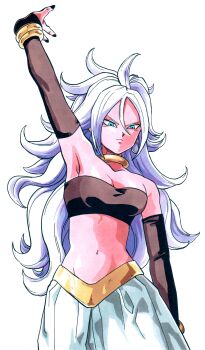 Rule 34 | 1girl, absurdres, android 21, arm up, bare shoulders, black nails, black sleeves, black tube top, blue eyes, breasts, cleavage, colored skin, detached sleeves, dragon ball, dragon ball fighterz, earrings, highres, hoop earrings, jewelry, majin android 21, medium breasts, navel, pants, pink skin, pointy ears, silverwoodwork, simple background, solo, strapless, tube top, white background, white hair, white pants