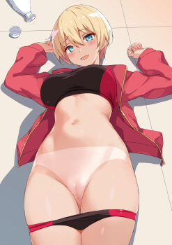 1girl absurdres black_buruma black_sports_bra blonde_hair blue_eyes bottle breasts buruma buruma_pull censored clothes_pull commentary_request cup dark-skinned_female dark_skin drunk highres jacket large_breasts long_sleeves lying mosaic_censoring nakamura_yukitoshi navel on_back on_floor open_clothes open_jacket original pussy red_jacket short_hair solo sports_bra stomach tan thighs tile_floor tiles variant_set