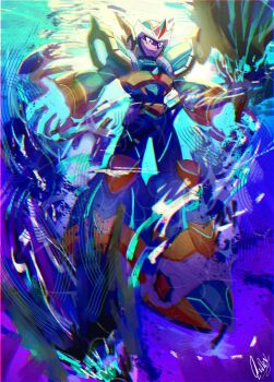 1boy android armor blue_background euphythefox forehead_jewel full_body helmet highres male_focus mega_man_(series) mega_man_x_(series) solo