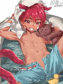 1boy animal_ears bandage_on_face bandages cat male_focus navel nipples original puddingtiger red_eyes red_hair rubber_duck short_hair shorts shota smile solo tail towel water white_background