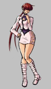 1girl boots breasts female_focus jacket jimblebimbler long_hair medium_breasts ponytail red_hair shermie_(kof) skirt smile standing the_king_of_fighters twintails