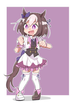 Rule 34 | 1girl, :d, animal ears, beer hsk, border, braid, brown hair, brown shoes, brown vest, collared shirt, commentary request, cropped jacket, frilled skirt, frills, full body, horse ears, horse girl, horse tail, jacket, multicolored hair, neck ribbon, open clothes, open jacket, open mouth, outline, puffy short sleeves, puffy sleeves, purple background, purple eyes, purple ribbon, ribbon, shirt, shoes, short sleeves, skirt, smile, solo, special week (special dreamer) (umamusume), special week (umamusume), standing, tail, thighhighs, two-tone hair, umamusume, vest, white border, white hair, white jacket, white outline, white shirt, white shoes, white skirt, white thighhighs, wrist cuffs