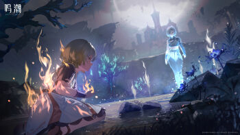 2girls absurdres aged_down ancient_greek_clothes breasts dress faceoff galbrena_(wuthering_waves) game_cg greco-roman_clothes grey_hair highres large_breasts looking_at_another missing_commentary moon multiple_girls official_art outdoors short_hair spoilers white_dress wrist_guards wuthering_waves