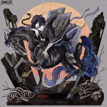 1boy akedori_ouma animal_skeleton ashioka_kuraco black_hair black_jacket black_kimono bone braid curtained_hair dairoku_ryouhei evil_smile full_body grey_background grey_hakama hair_between_eyes hakama hakama_pants haori horse horseback_riding jacket japanese_clothes kimono long_hair long_sleeves looking_at_viewer male_focus pale_skin pants parted_lips pillar red_eyes riding sandals sidesaddle single_braid skull smile smoke socks solo tabi white_socks wide_sleeves wing_print zouri