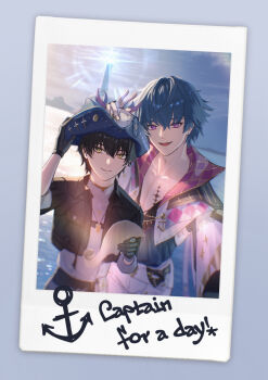 2boys 8k_u absurdres black_hair black_jacket blue_hair blue_shirt brant_(wuthering_waves) collarbone commentary_request english_text grey_shirt hair_between_eyes hat highres holding jacket looking_at_viewer male_focus male_rover_(wuthering_waves) multiple_boys pants purple_eyes rover_(wuthering_waves) shirt short_hair smile tacet_mark_(wuthering_waves) tricorne white_pants wuthering_waves yellow_eyes