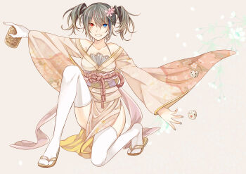 1girl alternate_costume black_hair blue_eyes breasts brown_kimono brown_sandals dice floral_background grin heterochromia highres holding japanese_clothes kimono long_sleeves medium_breasts off_shoulder outstretched_arm red_eyes sandals smile solo squatting thighhighs toudou_charo twintails utau white_thighhighs yokune_ruko