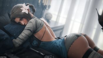 1girl aerith_gainsborough ass brown_hair cosplay final_fantasy final_fantasy_vii final_fantasy_vii_rebirth final_fantasy_vii_remake green_eyes highres kaine_(nier) looking_at_viewer looking_to_the_side nier nier_(series) spectra_3d