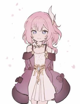 Rule 34 | 1girl, 5rwpvc, absurdres, bare shoulders, blue eyes, breasts, coat, cyrene (philia093) (honkai: star rail), cyrene (honkai: star rail), dress, hair ornament, highres, honkai: star rail, honkai (series), jewelry, looking at viewer, multicolored hair, necklace, pink hair, purple coat, short hair, simple background, small breasts, solo, two-tone hair, white background, white dress, white hair