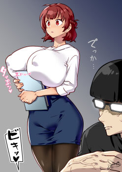 1boy 1girl ago_dashi7532 blue_lock breast_press breasts brown_hair gradient_background heart huge_breasts japanese_text looking_at_viewer medium_hair speech_bubble teieri_anri