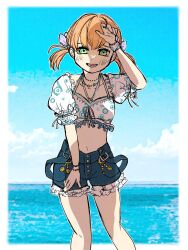 Rule 34 | 1girl, :d, aqua eyes, arm up, bikini, bikini top only, blue bikini, blue shorts, blue sky, blush, border, cloud, collarbone, commentary, crossed bangs, denim, denim shorts, feet out of frame, floral print, floral print shirt, frilled shirt, frilled shorts, frills, halterneck, highres, hinoshita kaho, jewelry, link! like! love live!, looking at viewer, love live!, low twintails, lower teeth only, medium hair, natsumeki pain (love live!), navel, necklace, ocean, open mouth, orange hair, outside border, panda no gohan, puffy short sleeves, puffy sleeves, shadow, shirt, short sleeves, shorts, sky, smile, solo, stomach, swimsuit, teeth, twintails, virtual youtuber, white border, white shirt