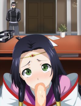 1girl 2boys absurdres arms_behind_back artist_logo artist_name black_hair blush circlet code_geass commentary desk door english_commentary erection fellatio furrowed_brow green_eyes hair_tubes hetero highres indoors japanese_clothes kimono logo long_hair looking_at_viewer low-tied_sidelocks multiple_boys notice_lines oral paper parted_lips penis pink_kimono plant potted_plant pov pov_crotch rikka_(rikkaarts) sidelocks standing sumeragi_kaguya uncensored upper_body watermark