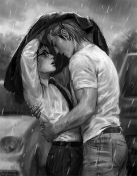 2boys annas_anya belt bluesky_username collared_shirt commentary cowboy_shot denim earrings from_side glasses greyscale haikyuu!! hair_pulled_back height_difference highres hug jacket jeans jewelry lips long_sleeves looking_at_another male_focus monochrome multiple_boys necktie nose pants pocket rain semi-rimless_eyewear shirt short_sleeves suit_jacket takeda_ittetsu twitter_username ukai_keishin wet wet_clothes yaoi