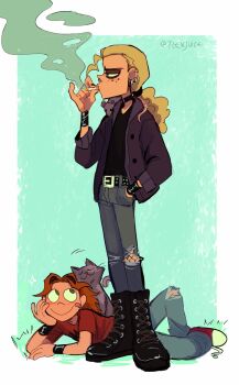 Rule 34 | black cat, black jacket, black shirt, blonde hair, blue background, boots, bracelet, brown hair, cat, choker, dee (metal family), earrings, eyeliner, hair tie, heavy (metal family), highres, jacket, jewelry, makeup, metal family, mouse, red shirt, red shoes, shirt, shoes, smoke, smoking