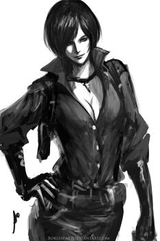 Rule 34 | 1girl, ada wong, belt, black hair, bor jen, breasts, cleavage, collared shirt, commentary, cowboy shot, cross, cross necklace, deviantart username, elbow gloves, english commentary, gloves, gloves over sleeves, greyscale, hand on own hip, holster, jewelry, leather, leather gloves, light smile, looking at viewer, monochrome, necklace, pants, popped collar, resident evil, resident evil 6, shirt, shirt tucked in, short hair, shoulder holster, signature, smile, solo, watermark, web address, white background
