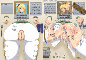 1girl aftersex anus arrow_(symbol) ass ass_focus bdsm blonde_hair blue_eyes body_writing bondage bound bukkake closed_mouth condom condom_left_inside condom_packet_strip condom_wrapper cum cum_in_ass cum_in_mouth cum_in_pussy cum_on_ass cum_on_body cum_on_hair cum_on_tongue cumdrip cumdump empty_eyes english_text facial from_behind gaping genshin_impact grabbing_another's_hair half-closed_eyes heart highres holding holding_another's_hair holding_condom jean_(genshin_impact) lower_body marker multiple_condoms multiple_views open_mouth public_use pussy sequential spread_legs spread_pussy stuck tally teeth thigh_gap through_wall tongue tongue_out torn_clothes uncensored upper_teeth_only used_condom