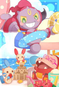 Rule 34 | beach, blurry, blurry foreground, cloud, colored sclera, commentary request, day, drinking straw, flower, fuecoco, gen 3 pokemon, gen 6 pokemon, grin, guttari poyo, hibiscus, highres, holding, holding swim ring, hoopa, innertube, legendary pokemon, minun, mythical pokemon, nintendo, outdoors, plusle, pokemon, pokemon (creature), sand castle, sand sculpture, shovel, smile, sunglasses, swim ring, yellow sclera