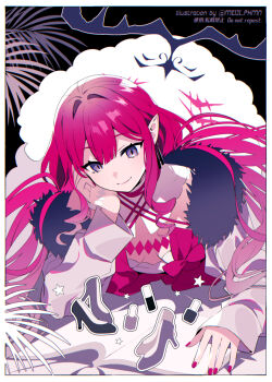 1girl baobhan_sith_(fate) baobhan_sith_(swimsuit_pretender)_(first_ascension)_(fate) book border bow breasts character_hood commentary_request cosmetics detached_collar fate/grand_order fate_(series) fur-trimmed_jacket fur_trim grey_eyes hand_on_own_face high_heels jacket long_hair lying meiji_ken nail_polish nail_polish_bottle on_floor on_stomach open_clothes open_jacket pink_hair pointy_ears reading red_bow red_nails simple_background smile solo twitter_username white_border white_jacket