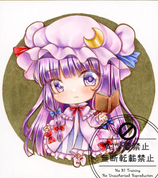 Rule 34 | 1girl, blue bow, book, bow, capelet, chibi, chibi only, closed mouth, commentary, crescent, crescent hat ornament, dress, hair bow, hat, hat ornament, long hair, long sleeves, looking at viewer, mob cap, multiple hair bows, nekofish666, open book, patchouli knowledge, pink capelet, pink dress, pink hat, purple eyes, purple hair, red bow, solo, striped clothes, striped dress, touhou, traditional media, vertical-striped clothes, vertical-striped dress, very long hair, watermark