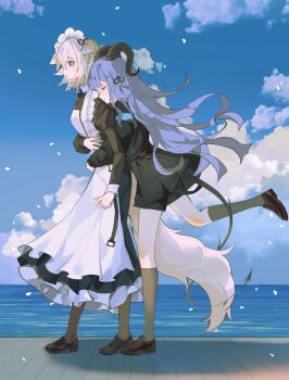 2girls absurdres ampheta animal_ears apron arknights bang_dream! bang_dream!_it&#039;s_mygo!!!!! black_jacket black_ribbon black_shoes black_shorts black_socks blonde_hair blue_hair brown_shoes chinese_commentary closed_eyes closed_mouth cloud commentary_request dog_ears dog_girl dog_tail falling_petals full_body hair_ribbon highres horns hug hug_from_behind jacket kneehighs long_hair maid maid_headdress medium_hair misumi_uika misumi_uika_(caged_singer) multiple_girls ocean outdoors petals purple_eyes ribbon shoes shorts socks tail togawa_sakiko togawa_sakiko_(master_of_melodia) white_apron yuri